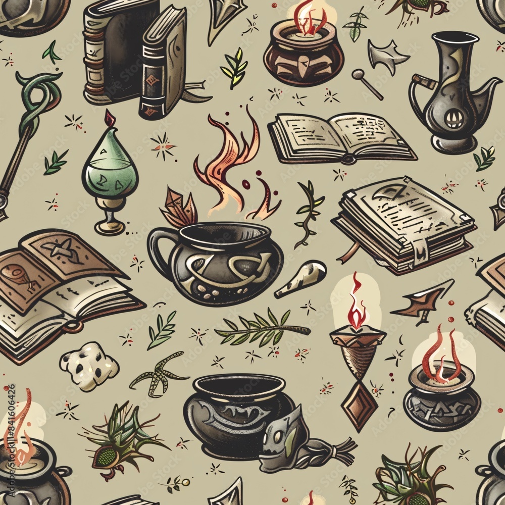 Poster a seamless pattern with various enchanted artifacts such as cauldrons, spell books, and mystical run