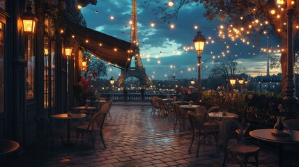 Beautiful Paris night cafe street scene AI generative illustration