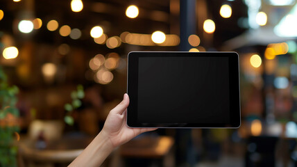 Waiter holding tablet with blank screen. The waiter gives the electronic menu to the customer. Food industry concept