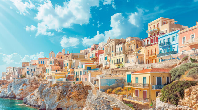 Colorful houses along cliff in Vaporia district of Ermoupoli