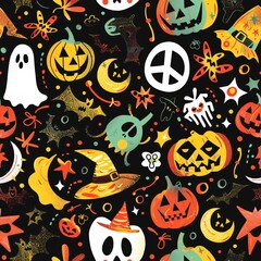 A seamless pattern showcasing retro Halloween symbols like groovy witches, peace sign pumpkins, and vintage ghosts