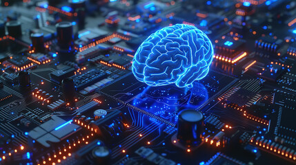Neon blue glowing human brain connected to motherboard circuit, sophisticated electronic processor unit. Ai technology, Artificial Intelligence. Future digital science, engineering, machine learning