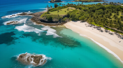 Exquisite Tropical Beach Aerial View Azure Waters Palm Trees