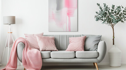 Art Home. Modern living room with grey sofa and pink accessories