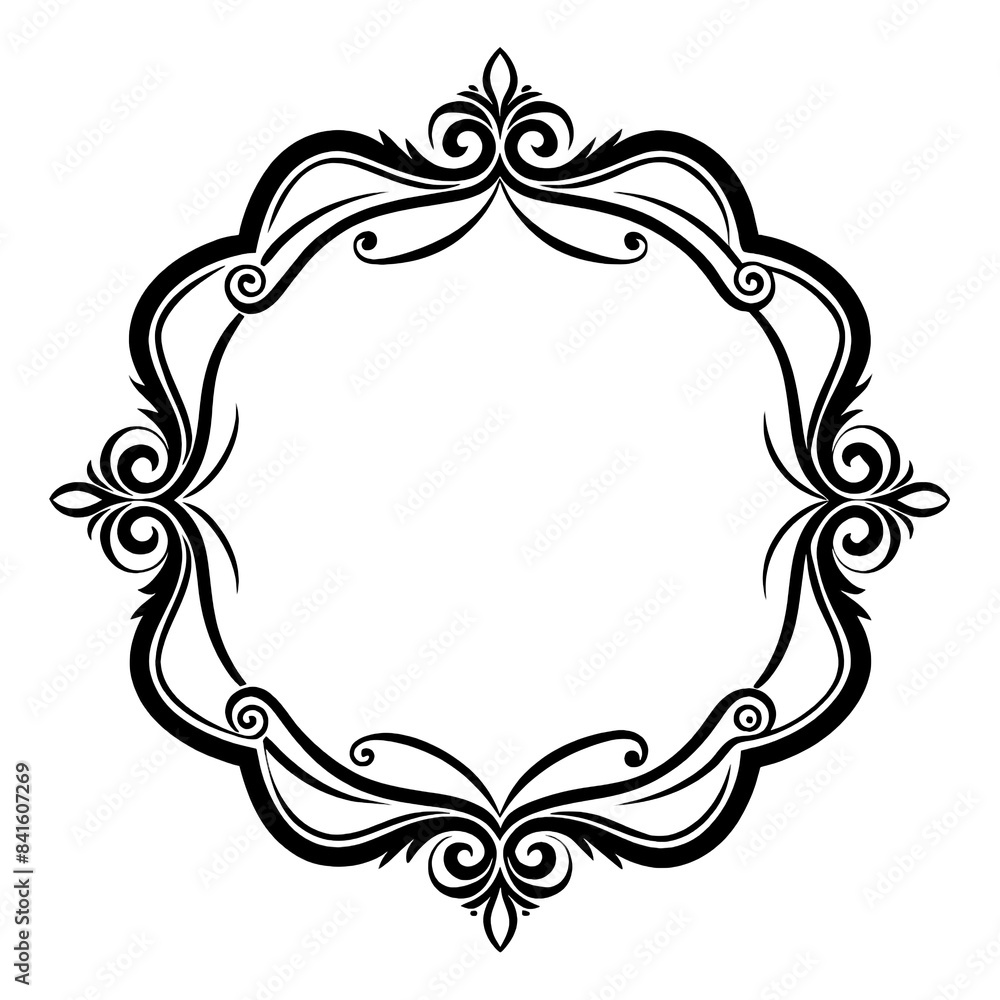 Aufkleber this image shows a simple yet elegant round frame design with intricate black and white swirls. the 