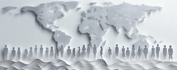 Global community concept with paper cut-out people and world map in the background, symbolizing global connection and unity.