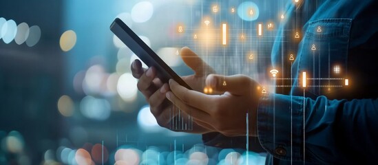 The businessman relies heavily on a smartphone with financial icons in a corporate environment, showcasing technologys crucial role in modern business communication and connectivity