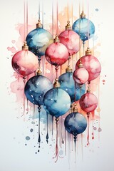 Fototapeta premium Watercolor illustration of pastel Christmas baubles with sparkles, on a solid background