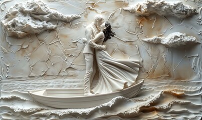 bas-relief, gypsum beautiful picture of a modern couple hugging, standing on a Boat