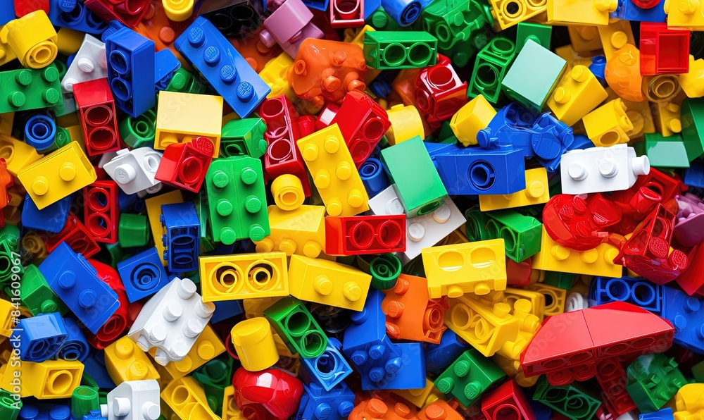 Poster a toy constructor. close-up of a haphazard pile of colorful toy bricks. view from above