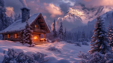 A cozy winter cabin with a crackling fire and snow outside. 