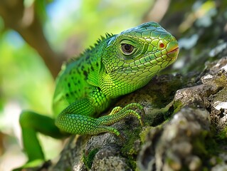Close up of Pseudocalotes lizard with natural background, tree closeup