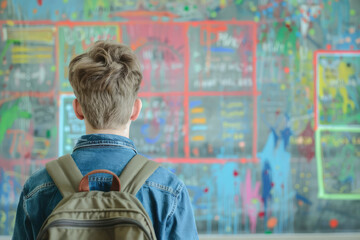 Obraz premium schoolboy with backpack looking at blackboard. School concept. Back to School. board in the classroom