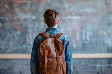 Obraz premium schoolboy with backpack looking at blackboard. School concept. Back to School. board in the classroom