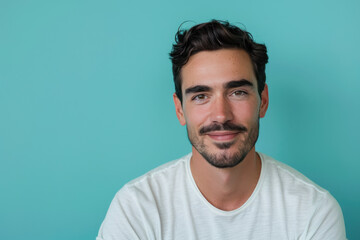 A close up portrait of a young man with a subtle smile