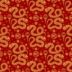 Seamless pattern happy chinese new year 2025 the snake zodiac sign with asian elements paper cut style on color background. ( Translation : happy new year 2024 year of the snake )
