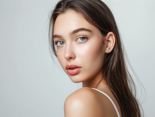 Fototapeta premium Beautiful Woman with perfect skin Portrait. Brunette Girl, empty copy space