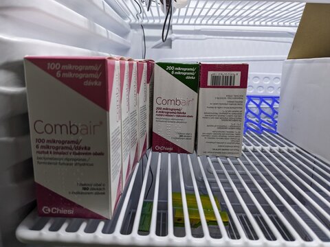 Prague,Czech republic-June 17 2024:COMBAIR box of medication with Fluticasone propionate active substance by GlaxoSmithKline,used for treatment of Asthma,COPD,Bronchitis
