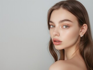 Beautiful Woman with perfect skin Portrait. Brunette Girl, empty copy space