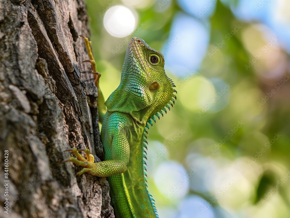 Wall mural Close up of Pseudocalotes lizard with natural background, tree closeup