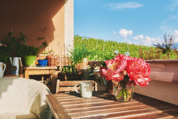 Cozy summer balcony with cup of tea or coffee on wooden table and pink peony flowers