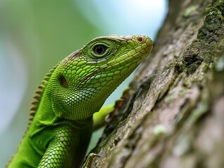 Obraz premium Close up of Pseudocalotes lizard with natural background, tree closeup
