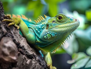 Obraz premium Close up of Pseudocalotes lizard with natural background, tree closeup