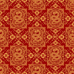 Seamless pattern happy chinese new year 2025 the snake zodiac sign with asian elements paper cut style on color background. ( Translation : happy new year 2024 year of the snake )
