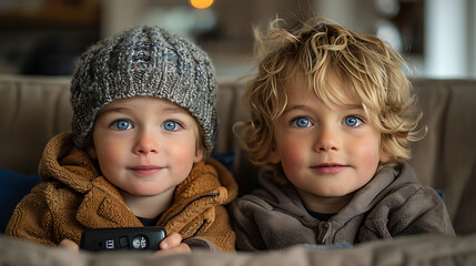 two children are sitting next to each other and one has a remote control.