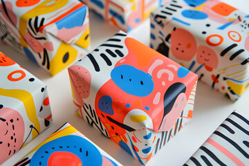 Wrapped presents featuring eye-catching patterns created with abstract shapes and bold colors