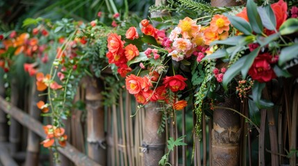 Fototapeta premium Floral and plant adornments on a wooden barrier