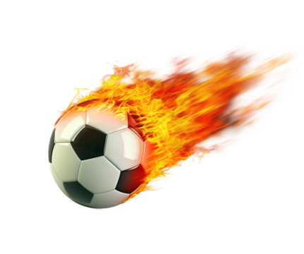 flaming soccer ball with flames trailing, transparent background