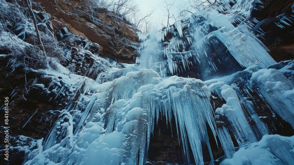 Poster a frozen waterfall cascading down a steep cliff adorned with layers of shimmering ice.