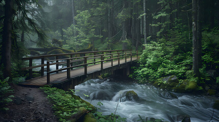 Fototapeta premium A bridge spans a river in a lush forest