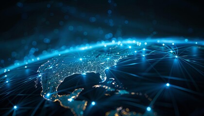 A digitally rendered image showcasing a global network connection. Illuminated pathways highlight technology's reach and connectivity.