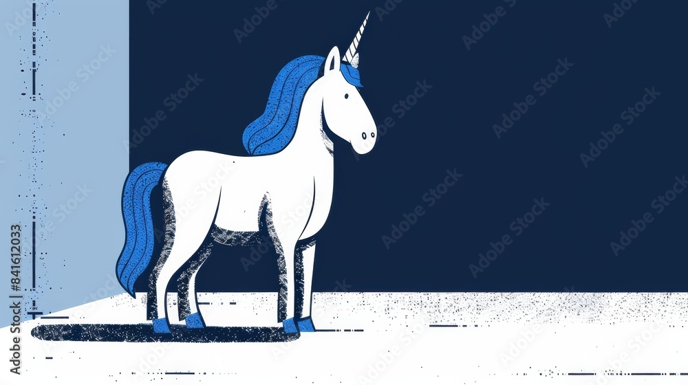 Wall mural an abstract illustration of a white unicorn with a blue mane standing in a room