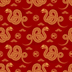 Seamless pattern happy chinese new year 2025 the snake zodiac sign with asian elements paper cut style on color background. ( Translation : happy new year 2024 year of the snake )
