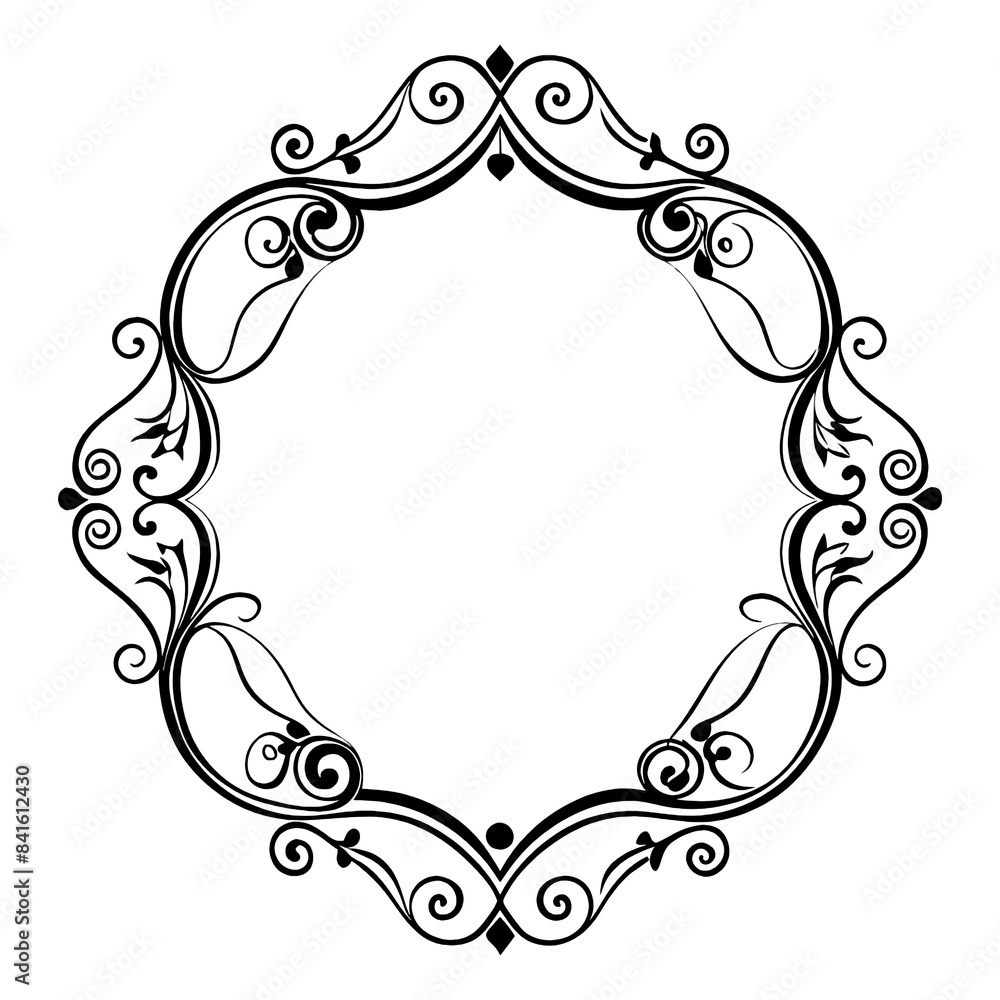 Poster a black and white circular frame with ornate floral details. the frame is perfect for adding a touch