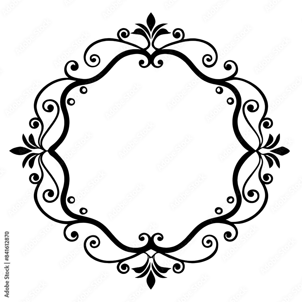Poster a simple, elegant black and white ornamental frame design featuring intricate swirls and flourishes.