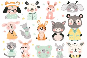 There are cute animal doctors in uniform with different tools. Koala with first aid kit. Fox with stethoscope. Panda optical. Pediatrician and nurse. Modern doctors set.