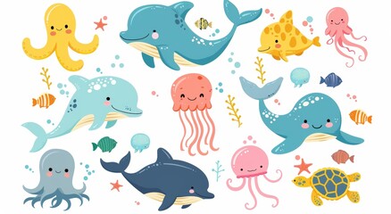 Set of ocean animals isolated flat cartoon icons. Seaweed, algae and seashells, jellyfish and whales, sharks and turtles, squid and clown fish. Children's underwater animals.
