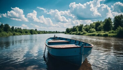 Obraz premium river with a boat in summer. green trees and blue sky behind. holidays in the village
