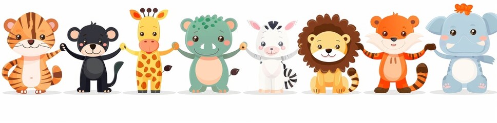 Animated seamless border of tropical animals. This illustration includes a hippo, lion, elephant, giraffe, crocodile, zebra, sloth, tiger, and koala.