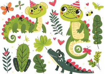 Animals and nature doodle drawings. Shark, crocodile, chameleon, frog, mosquito. Modern hand drawn cartoon illustrations.