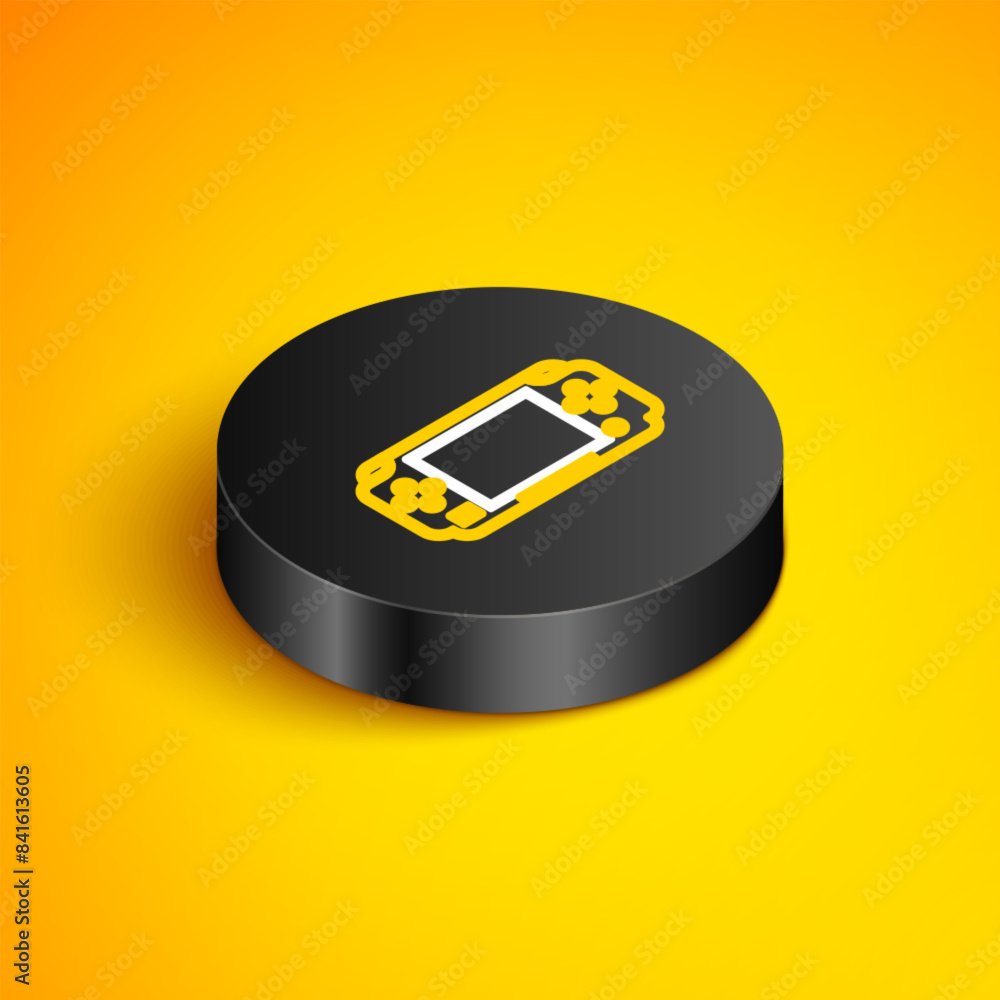Poster isometric line portable video game console icon isolated on yellow background. gamepad sign. gaming 