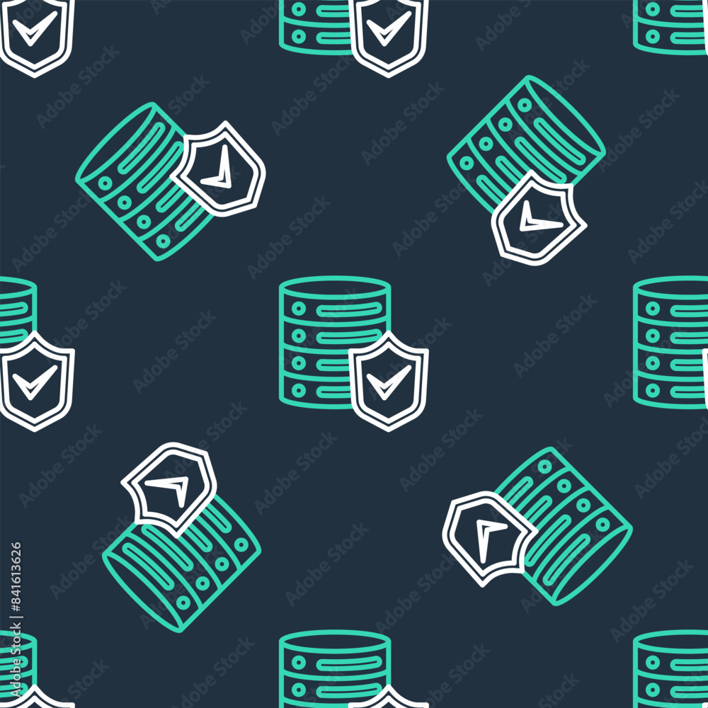 Poster line server with shield icon isolated seamless pattern on black background. protection against attac