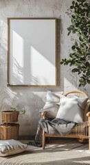 Cozy home setting with a blank frame, perfect for showcasing prints or custom designs