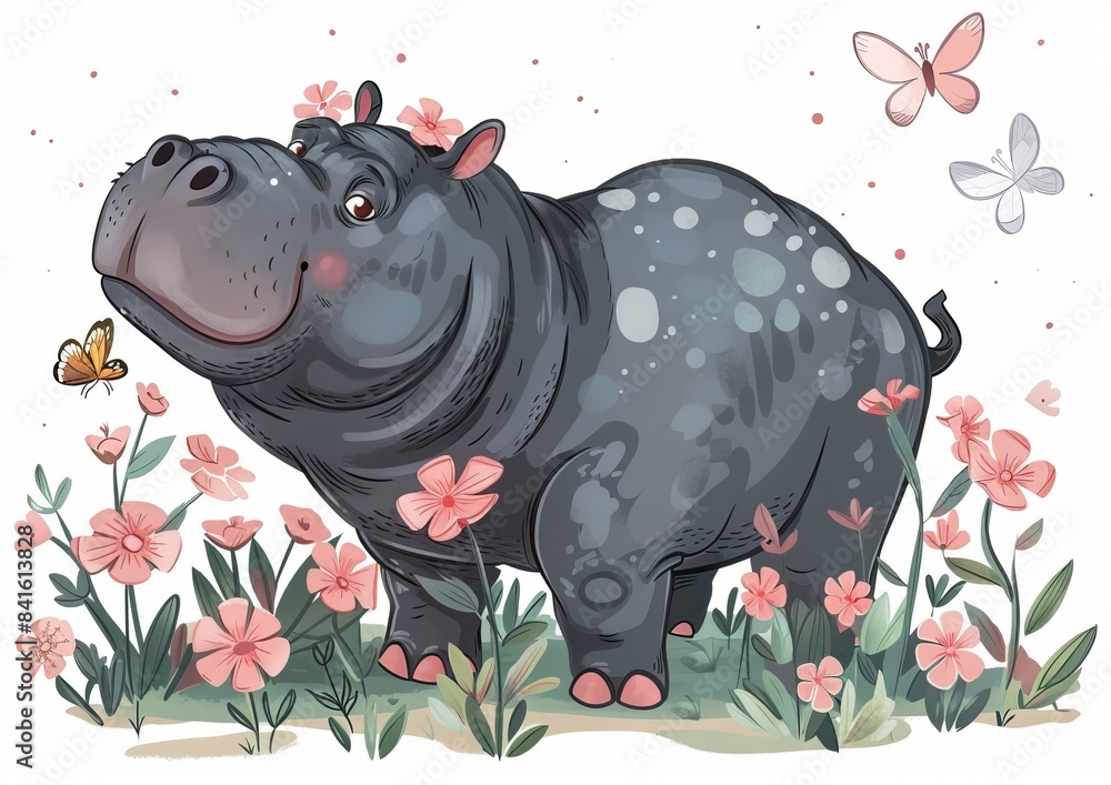 Wall mural A cute hippo is standing in a meadow with flowers. This modern illustration portrays a children's theme. - Wall murals