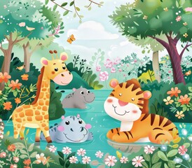 The beautiful forest is home to some wild animals cartoons