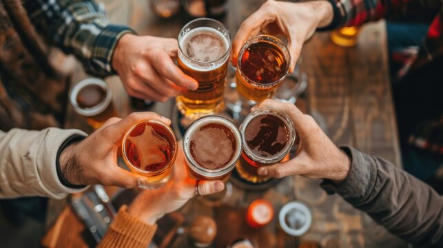 Group of friends drinking beer at brewery pub restaurant - Happy people enjoying happy hour sitting at bar table - Close-up image of brew glasses - Food and beverage lifestyle concept.
